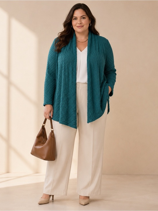 Sweaters - Lafayette 148 New York 2X Teal Super 120s Wool Open Front Textured Cardigan